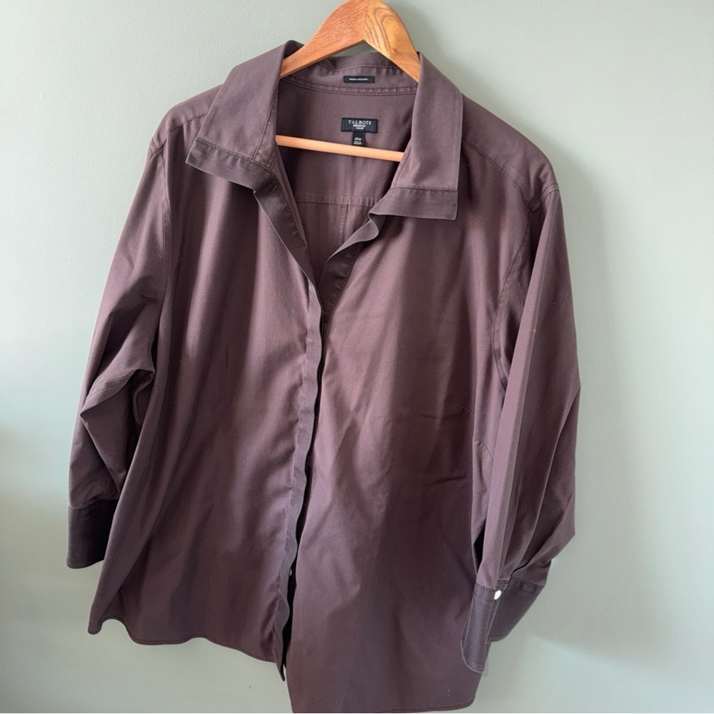 Talbots Womens Plus Black 3/4 Sleeve Button Up Shirt Blouse Herringbone Trim 20W - Picture 2 of 11